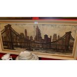 A Bernard Buffet print on canvas landscape of Brooklyn in painted frame