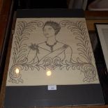 A framed pencil drawing by Louis Touchagues of the queen for weekly magazine ICI Paris, signed by