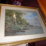 A C19th watercolour lake scene with herons fishing signed Langerock glazed and in gilt frame
