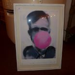 A signed limited edition giclee print of a man blowing a bubble gum bubble
