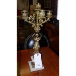 A pair of classical design brass and marble candelabra with maiden relief on marble base