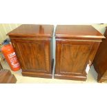 A pair of mahogany bedside cupboards with fielded panel doors on plinth base