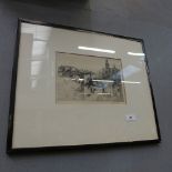 A C19th etching continental town scene and a C20th similar street scene