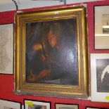 A large oil on canvas Chamber Boy lighting stick in gilt frame