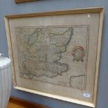 A C19th colour engraved map East Anglia framed and glazed