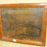 A Victorian coloured engraving hunting scene in maple frame