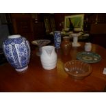 A collection including blue vase, jelly mould, water jug and others