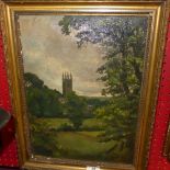 An oil on canvas country landscape with cathedral in distance indistinctly signed