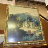 A large oleograph depicting rural dwelling with figure in gilded frame