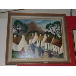 An oil on board naive study of village scene by Mark Robinson signed lower left