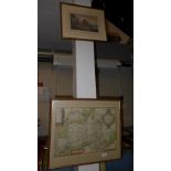 A hand coloured map of Northern Europe, map of Yorkshire and an engraving