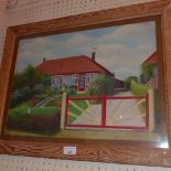 A naive oil on board study of a bungalow glazed and in pine frame
