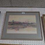 A late C19th watercolour of a river flowing into an industrial city, signed L. Cooper, dated 1894