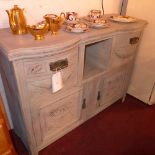A French carved painted distressed side cabinet fitted arrangement of drawers and cupboard doors
