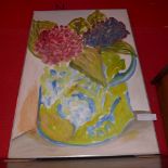 An oil on board still life study of Hydrangeas signed Rey in metal frame