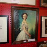 An oil on board portrait of a young lady in an oak frame