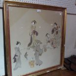 A Japanese print on silk glazed and in a gilt frame