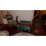An Eastern copper kettle together with a Chinese cloisonne jardiniere and similar vase [3]