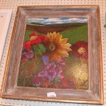 An oil on canvas brightly coloured landscape study with flowers by John Anderson