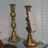 Two pairs of brass candlesticks and an old Stanley wood plane