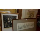 A watercolour view of Kew Bridge together with a watercolour riverside scene and a black and white