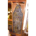 A C19th arched stained leaded glass panel with image of saint