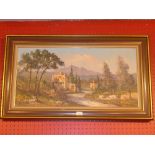 A Continental oil on canvas alpine landscape study with mountains in the distance in gilt frame