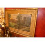 An oil on canvas landscape scene of large size, signed indistinctly, in an ornate gilt frame