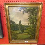 An oil on canvas country landscape with cathedral in distance indistinctly signed