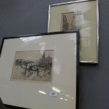 A C19th etching continental town scene and a C20th similar street scene