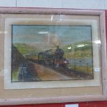 A large framed and glazed crayon drawing of a steam train on the English Riviera, drawing size :