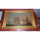 A C19th oil on canvas maritime study with galleon and other sailing vessels moored at sea, glazed