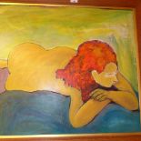 A contemporary oil on board by O. R. Rey 'Red-Hair Lady' of a reclining female nude, details to