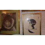 A glazed and framed print of an Inuit ice fishing together with a print portrait of an Inuit and a