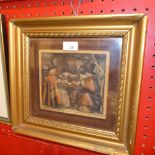 A glazed and framed wax relief 'Welsh Tea Party' in velour lined gilt frame