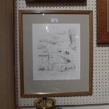 A glazed and framed lithograph farming scene with details verso