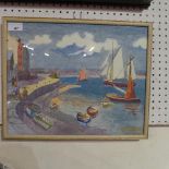 A naive oil on artists board harbour scene, possibly Maldon glazed and framed