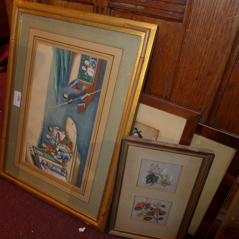 A collection of antique Chinese gouaches on rice paper contained in five frames including figural