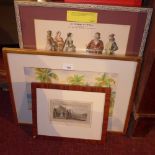 A watercolour beach scene signed Gilbert together with a glazed and framed German print and a