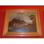 A C19th American naive school oil on canvas landscape of a farmhouse scene, in a fruitwood frame (