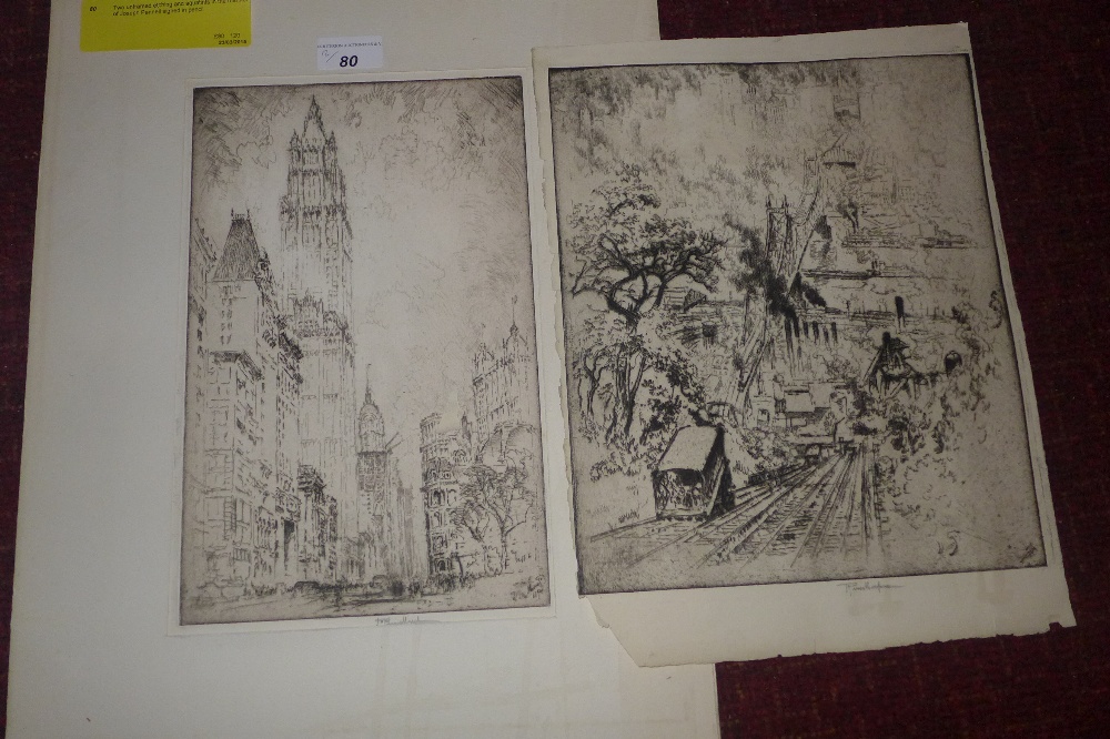 Two unframed etching and aquatints in the manner of Joseph Pennell signed in pencil