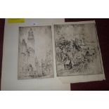 Two unframed etching and aquatints in the manner of Joseph Pennell signed in pencil