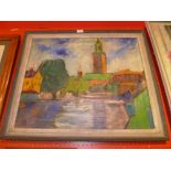 An oil on canvas German expressionist riverside town scene