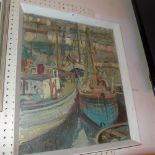 An oil on board harbour scene, signed indistinctly in a white frame