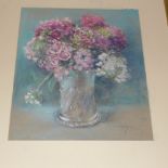 A framed pastel study still life of flowers by Margaret Arridge with provenance and details verso