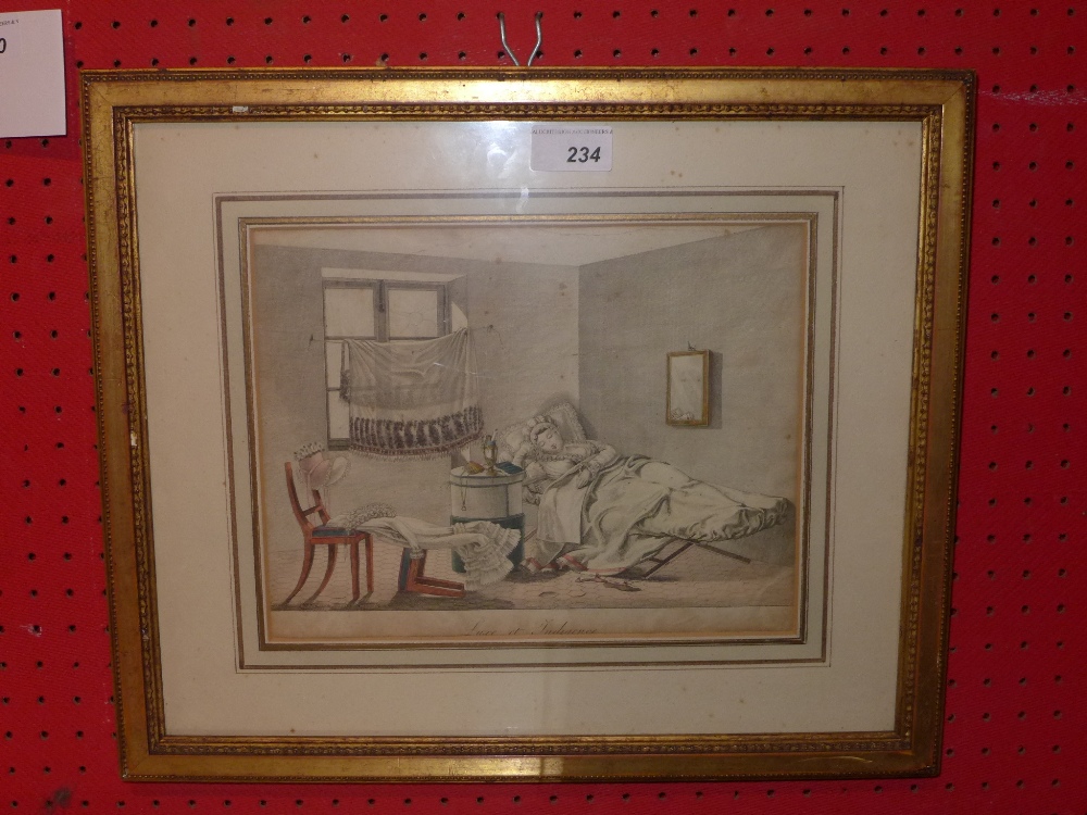 A C1840's satrical French hand-tinted engraving depicting a lady of the town asleep in her garret