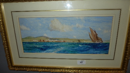 A watercolour coastal scene with vessel