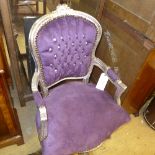 A silver painted armchair with diamondite button back purple upholstery