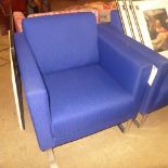 A pair of Italian Giuliomarelli armchairs upholstered in blue fabric on chrome supports