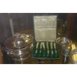 A silver plated tureen plated coaster, vesta case and others